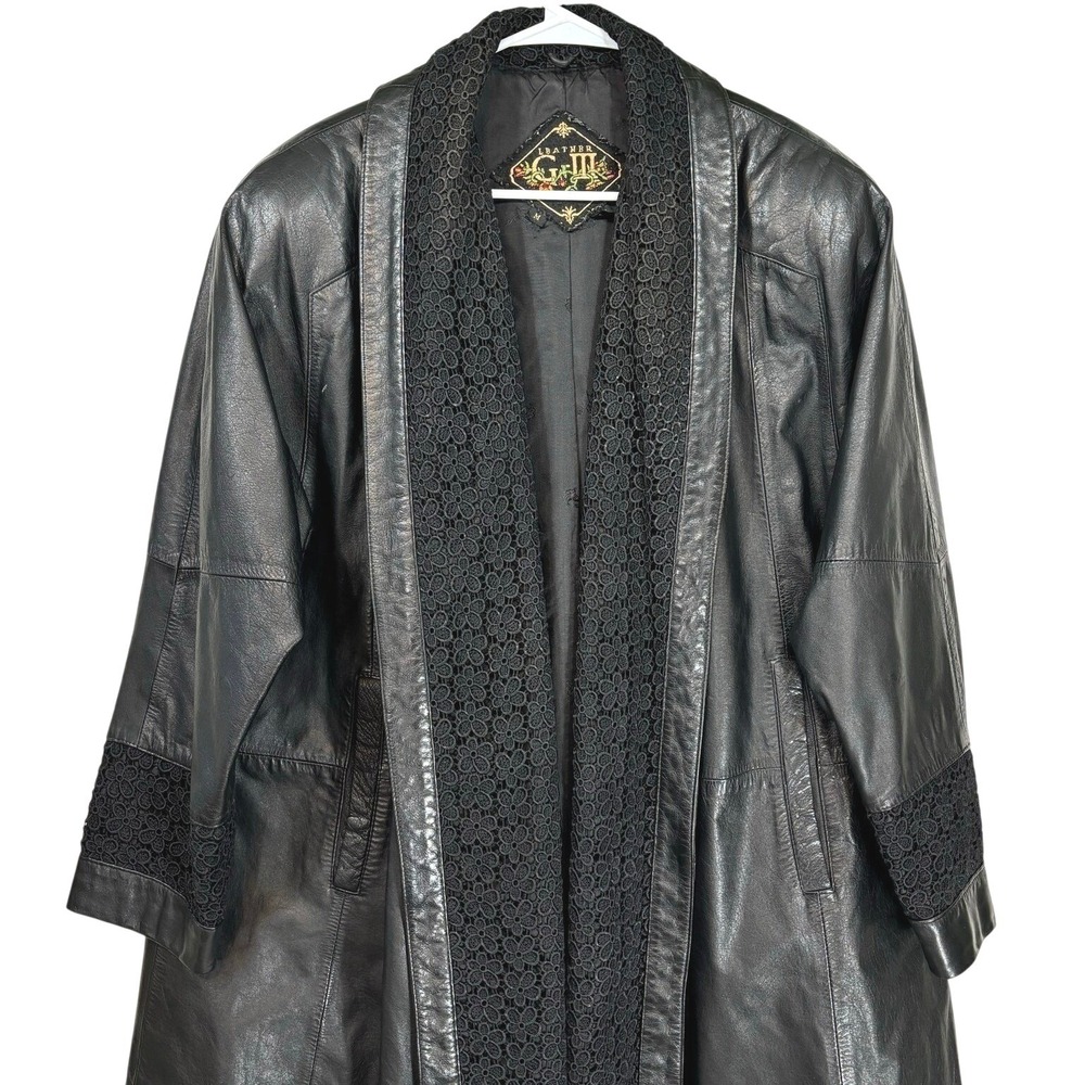 Vintage Floral Leather Jacket Black Oversized Lace Coat Goth Grunge Whimsigoth M